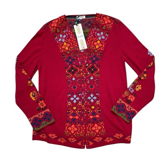 NWT IVKO Women's Red Patterned Cardigan Size 42 = Size XL - Picture 2 of 9
